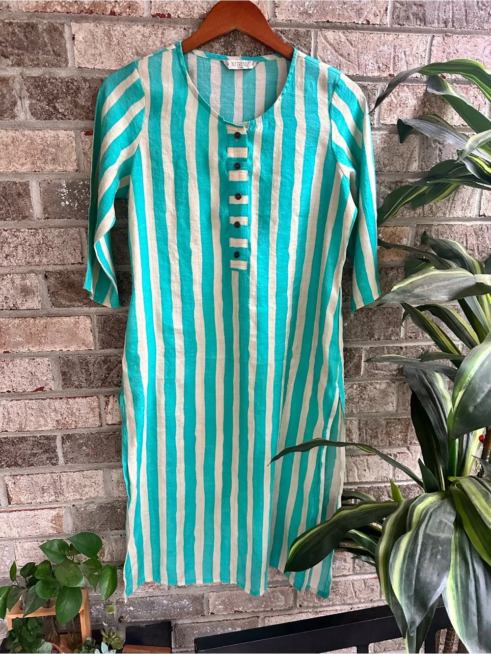 Linen Striped Turquoise and White Tunic Kurta Swimsuit coverup with pockets - Picture 1 of 8